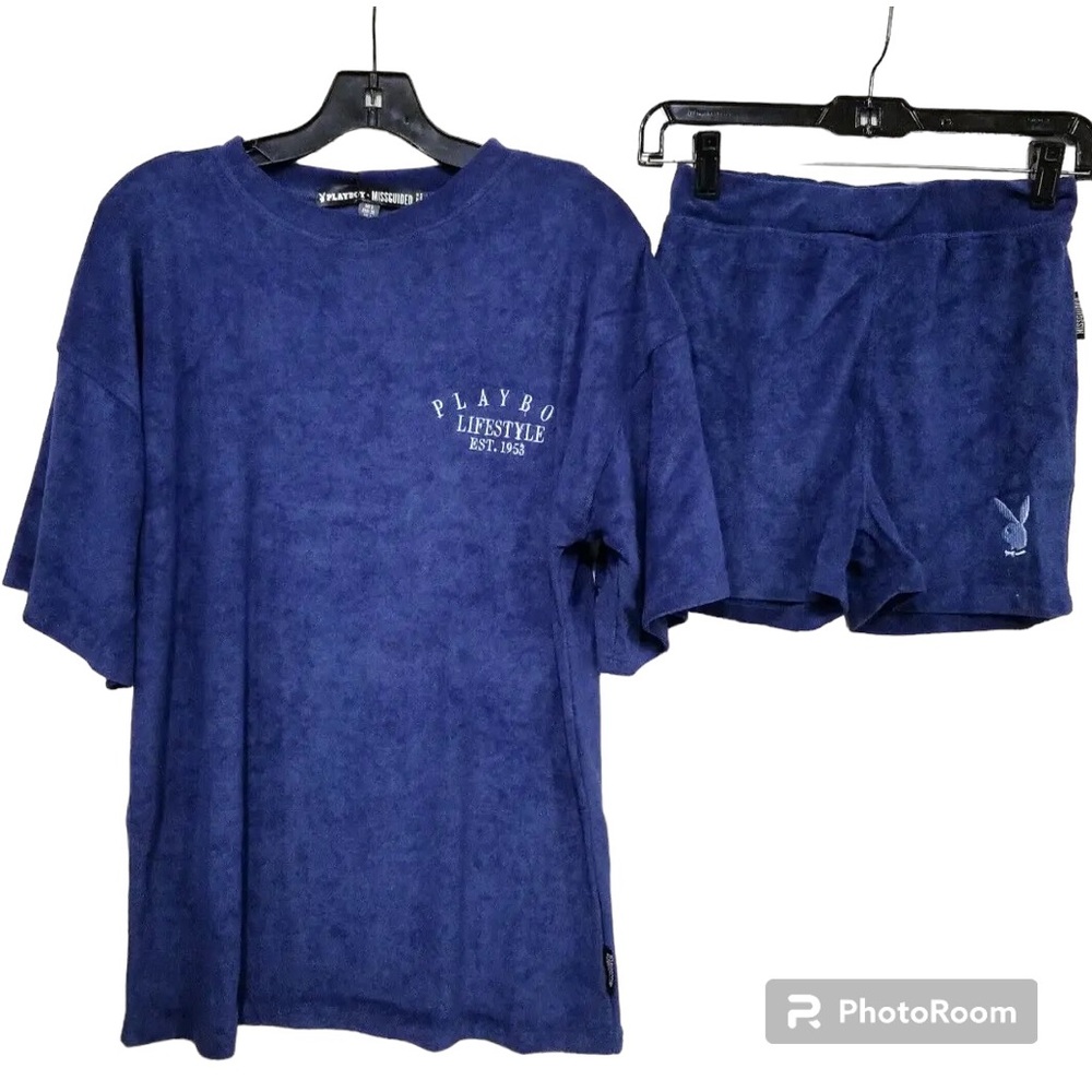 Playboy X Missguided Velour Blue Short Sleeve Pullover Lifestyle Shirt and Short